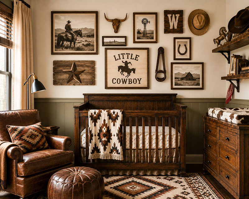 Mixed western nursery wall decor with photography prints and cowboy sign