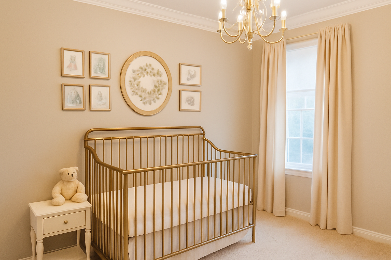 Light and airy Mocha Mousse nursery with burnished gold crib, blush curtains, and crystal chandelier.