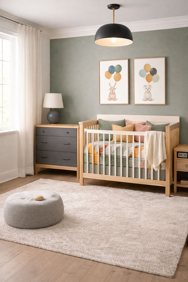 Modern baby nursery color palette featuring sage green, warm white, and charcoal accents