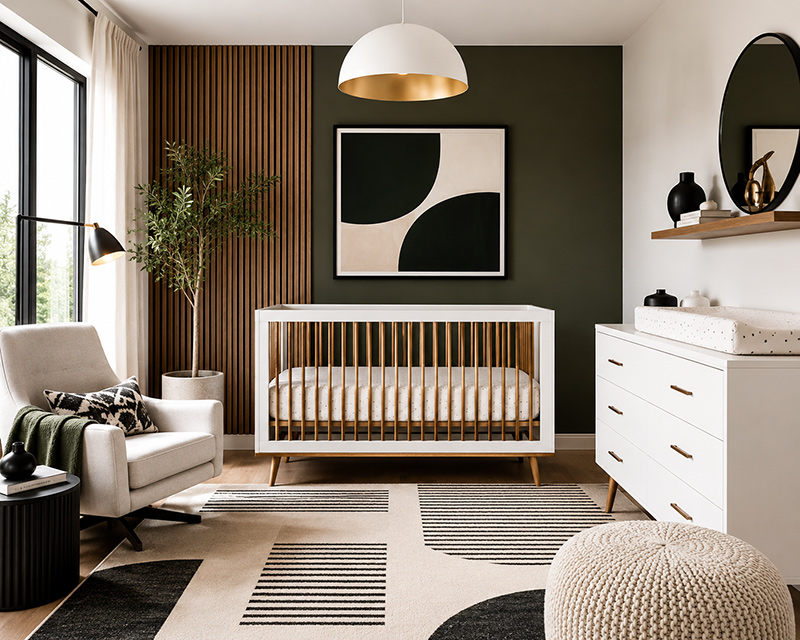 Modern baby nursery ideas with a stylish crib, nursery furniture and wall decor
