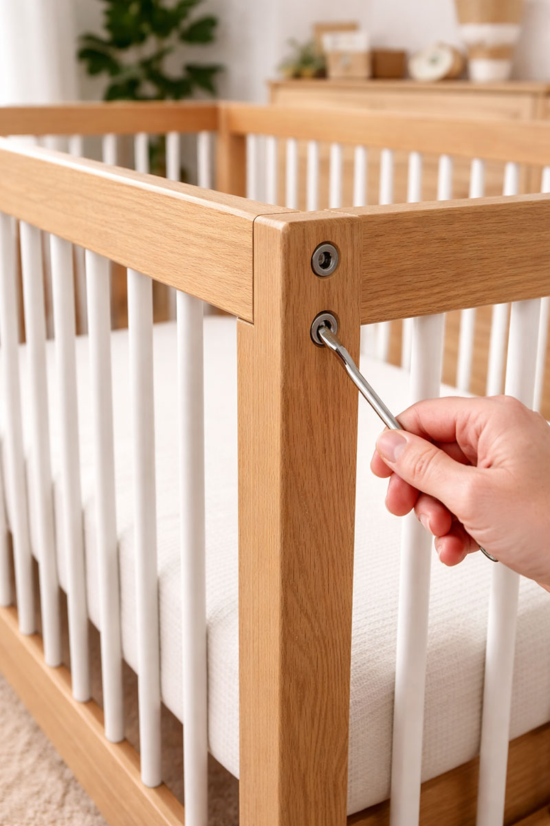 Close-up detail of a modern style baby crib bed showing solid wood construction and slat spacing
