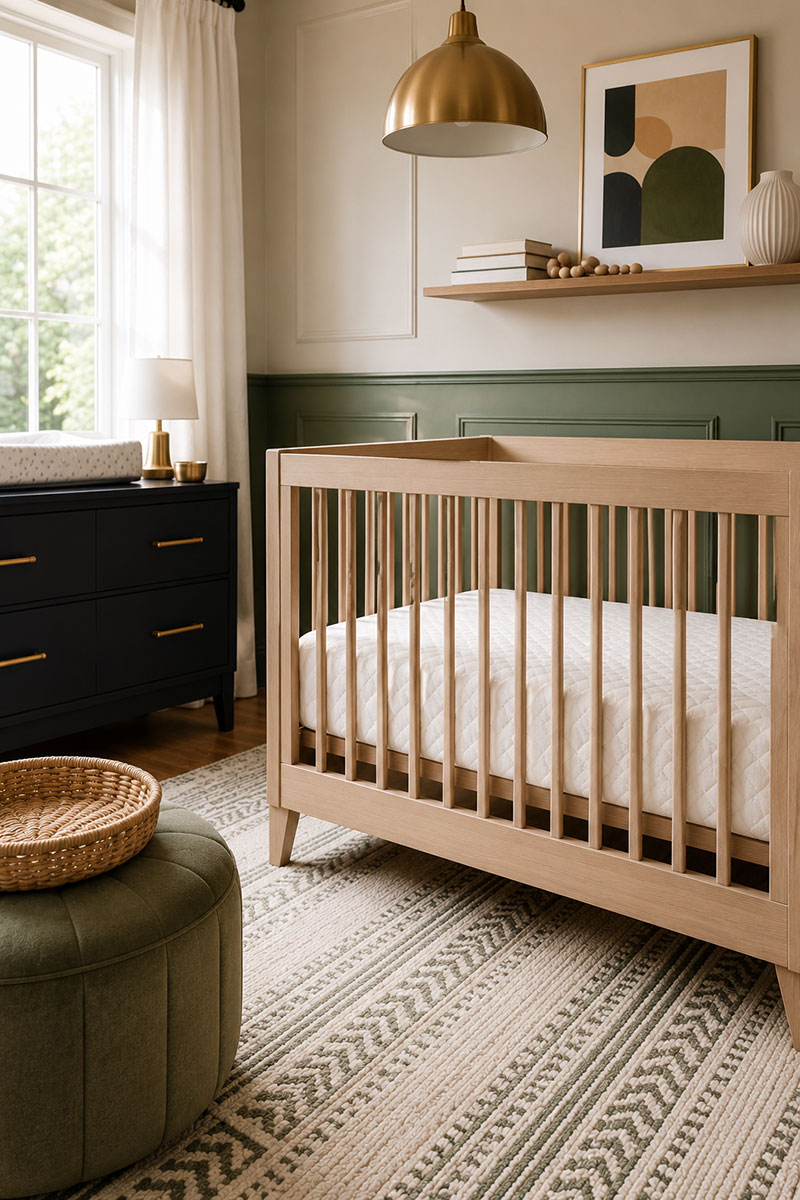 Modern nursery with crib prepared for a new baby