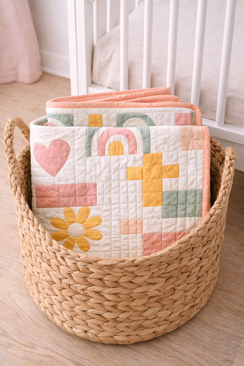 Folded modern rainbow crib quilt stored in a woven basket beside a crib in a bright nursery