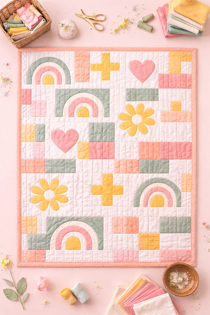 Overhead view of a completed modern rainbow crib quilt pattern showing full layout and appliqué blocks