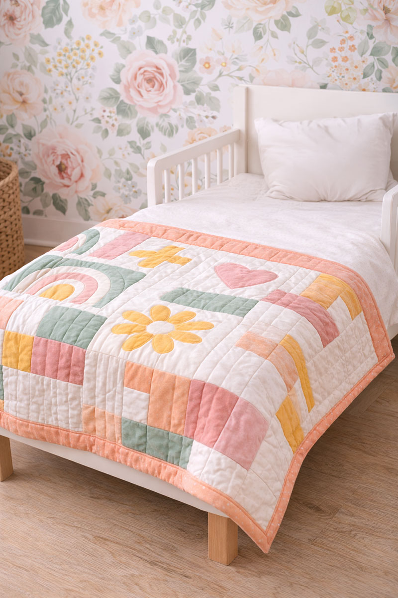 Modern rainbow baby quilt used on a toddler bed showing how the quilt pattern transitions beyond the crib stage