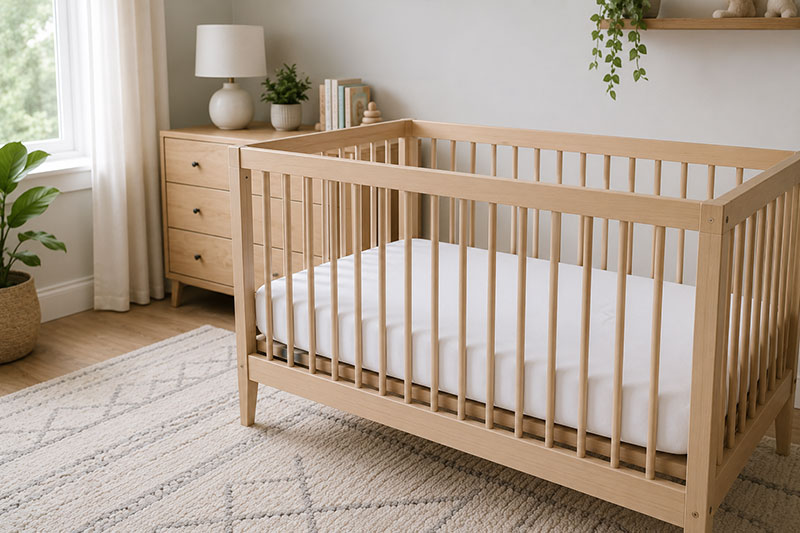 Modern crib with flat mattress surface and tightly fitted sheet
