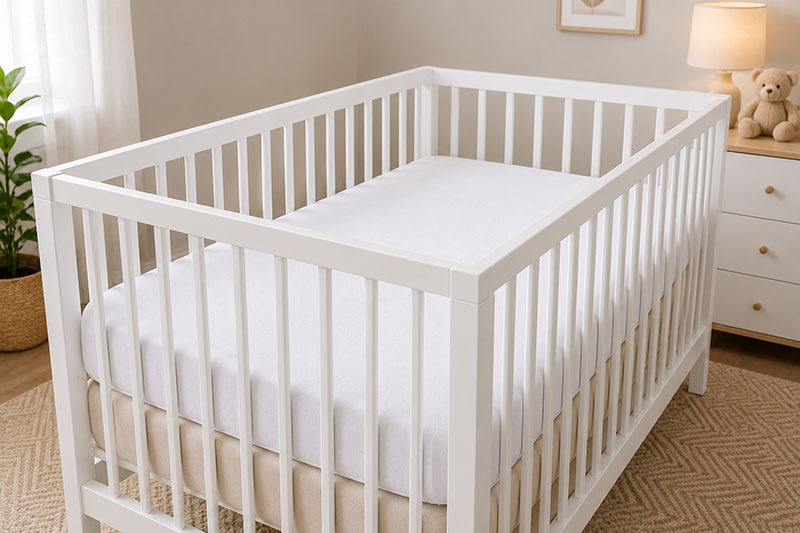 Modern crib mattress with fitted waterproof protector and crib sheet
