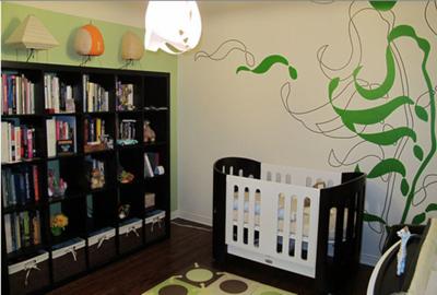 Baby Girl's Modern Green and Brown Nursery w Custom Wall Graphics, Collectible Lanterns and Books for the Future 