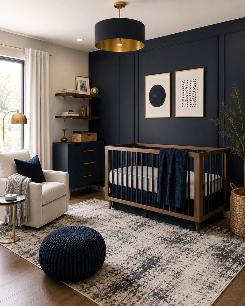 Modern minimalist navy nursery with clean lines and simple decor