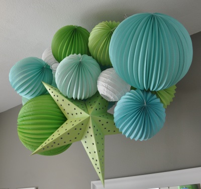 lime green aqua blue and white paper lantern baby boy nursery ceiling decoration mobile modern