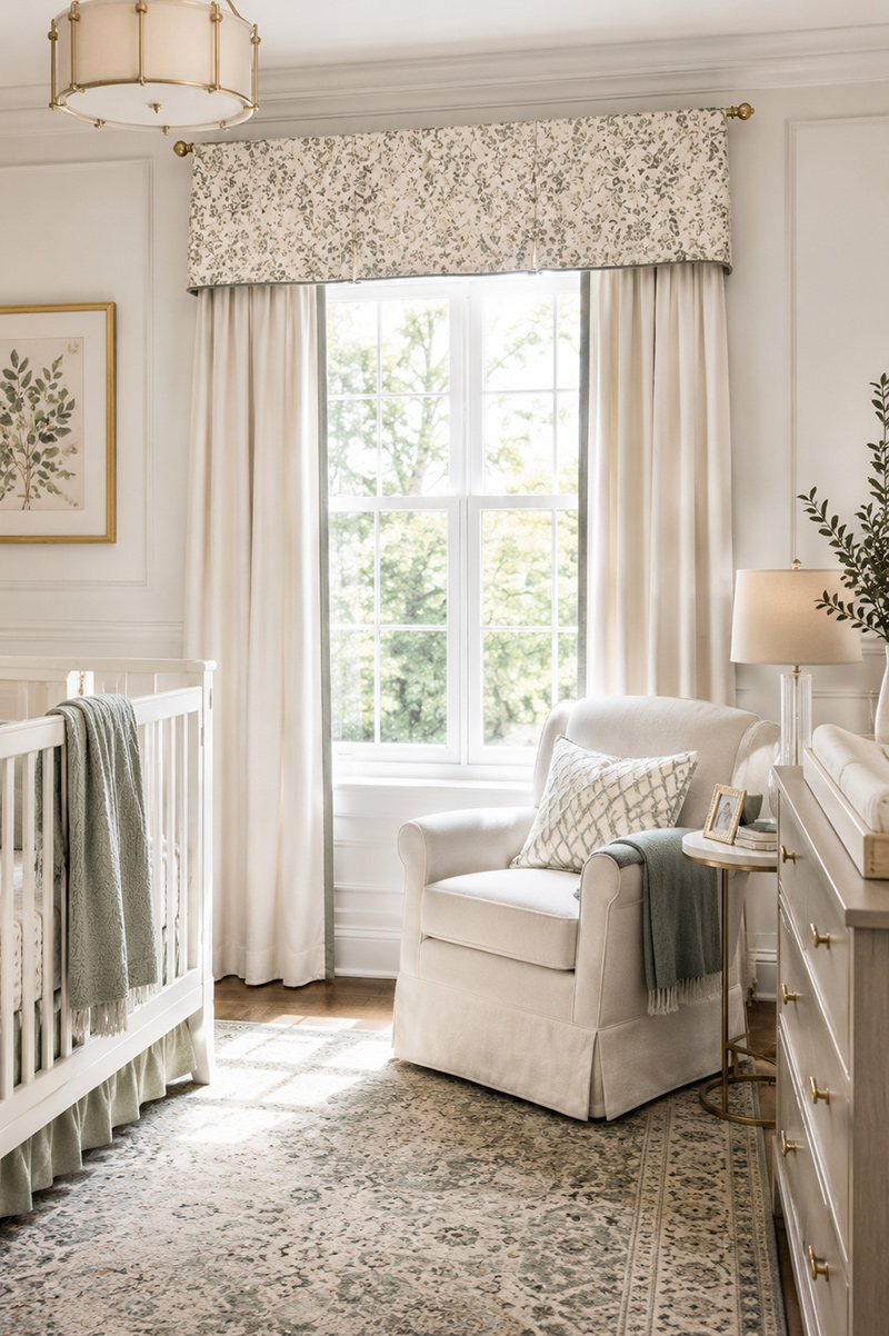 Modern nursery window valance above simple curtains