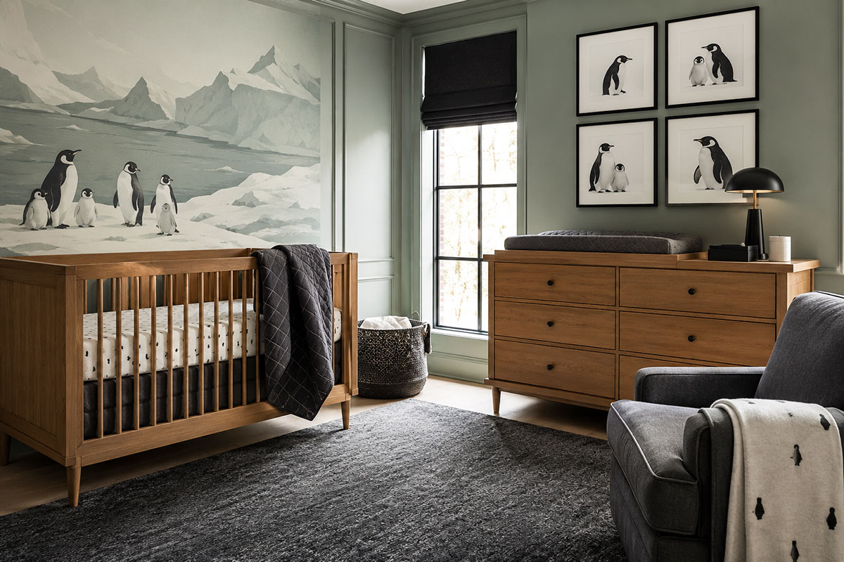 Modern penguin nursery viewed from the corner with warm wood crib muted green gray wall graphic penguin art charcoal rug and simple black accents