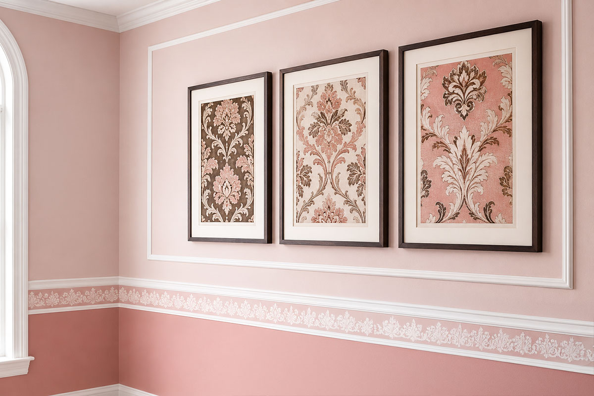 Two-tone pink nursery walls with white vinyl border, oval frames and personalized decorative accents