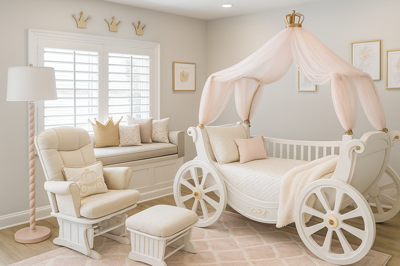 Elegant modern princess carriage crib in a blush and gold nursery with canopy and crown décor