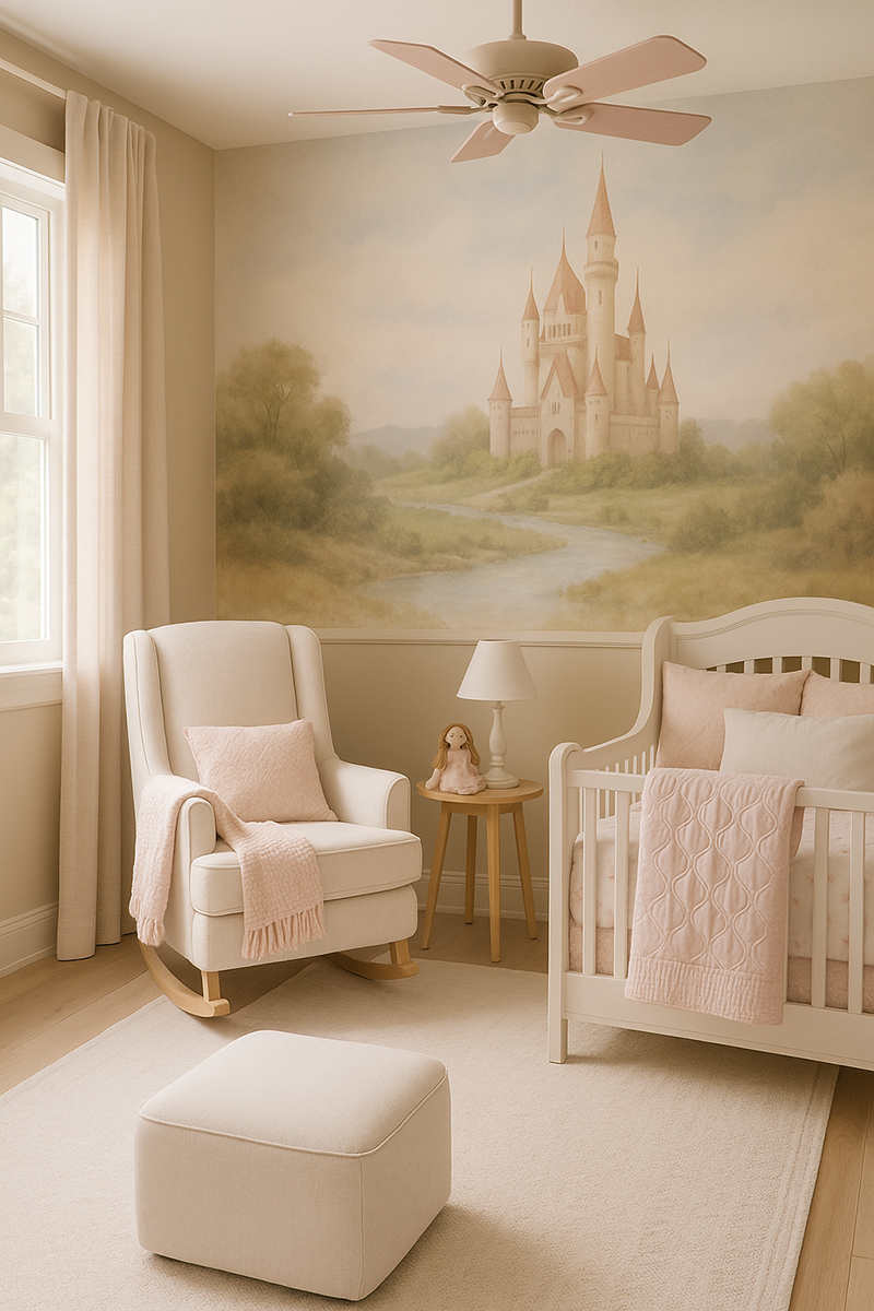 Modern princess nursery with soft watercolor castle mural and blush pink decor