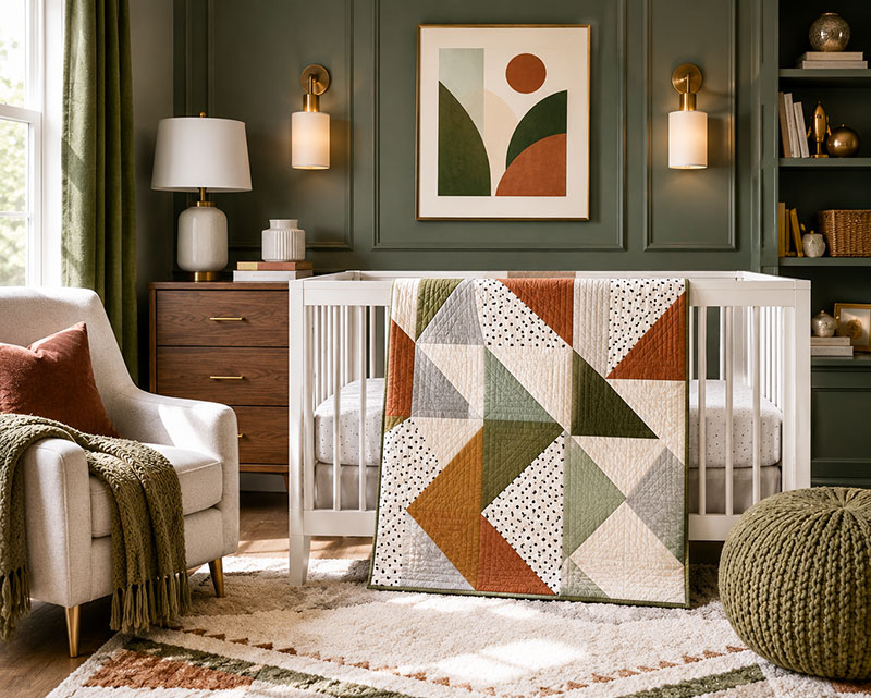 modern baby quilt displayed within a luxury nursery design