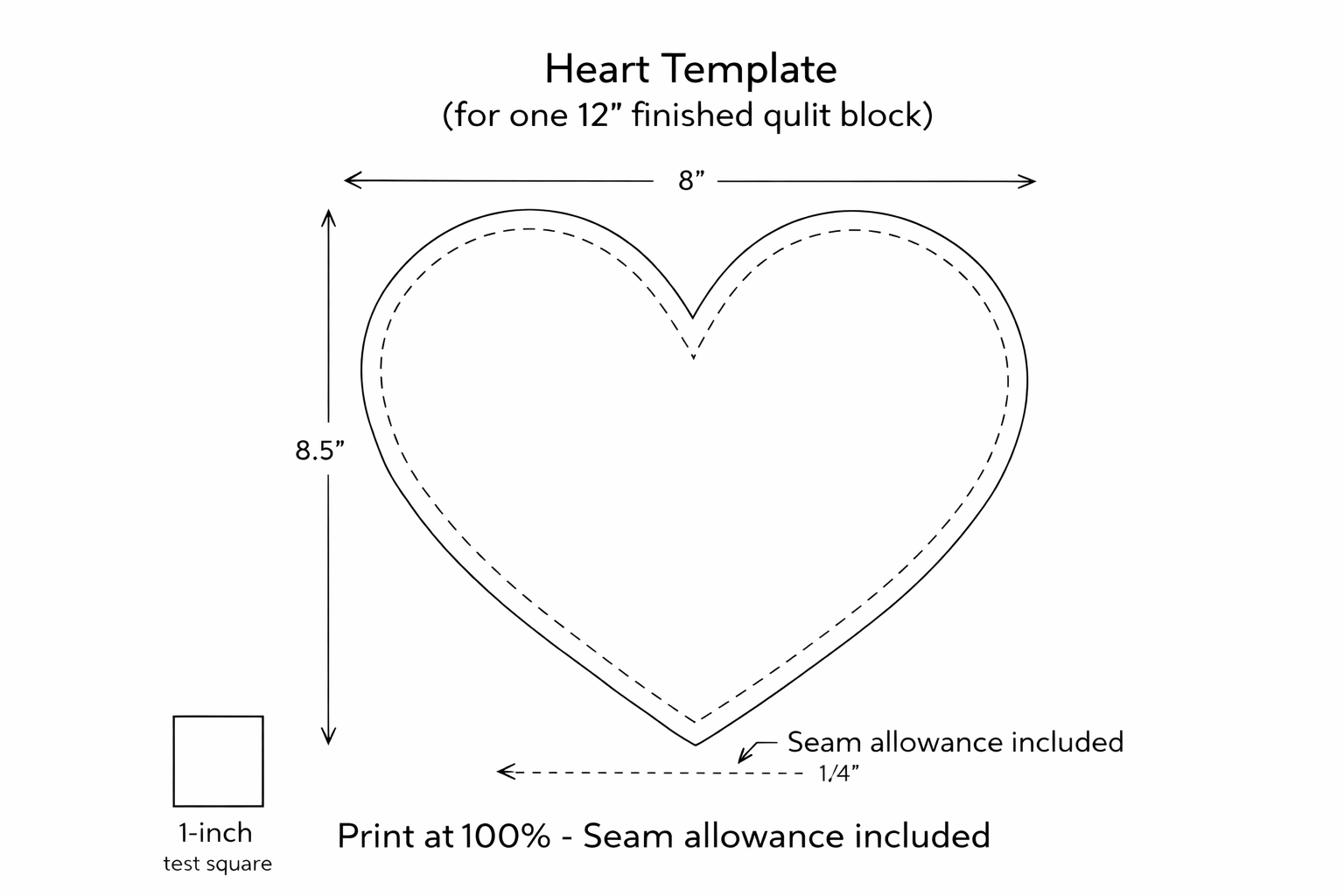 Printable 12 inch heart appliqué template with seam allowance included for modern rainbow crib quilt pattern 36 x 45 finished size
