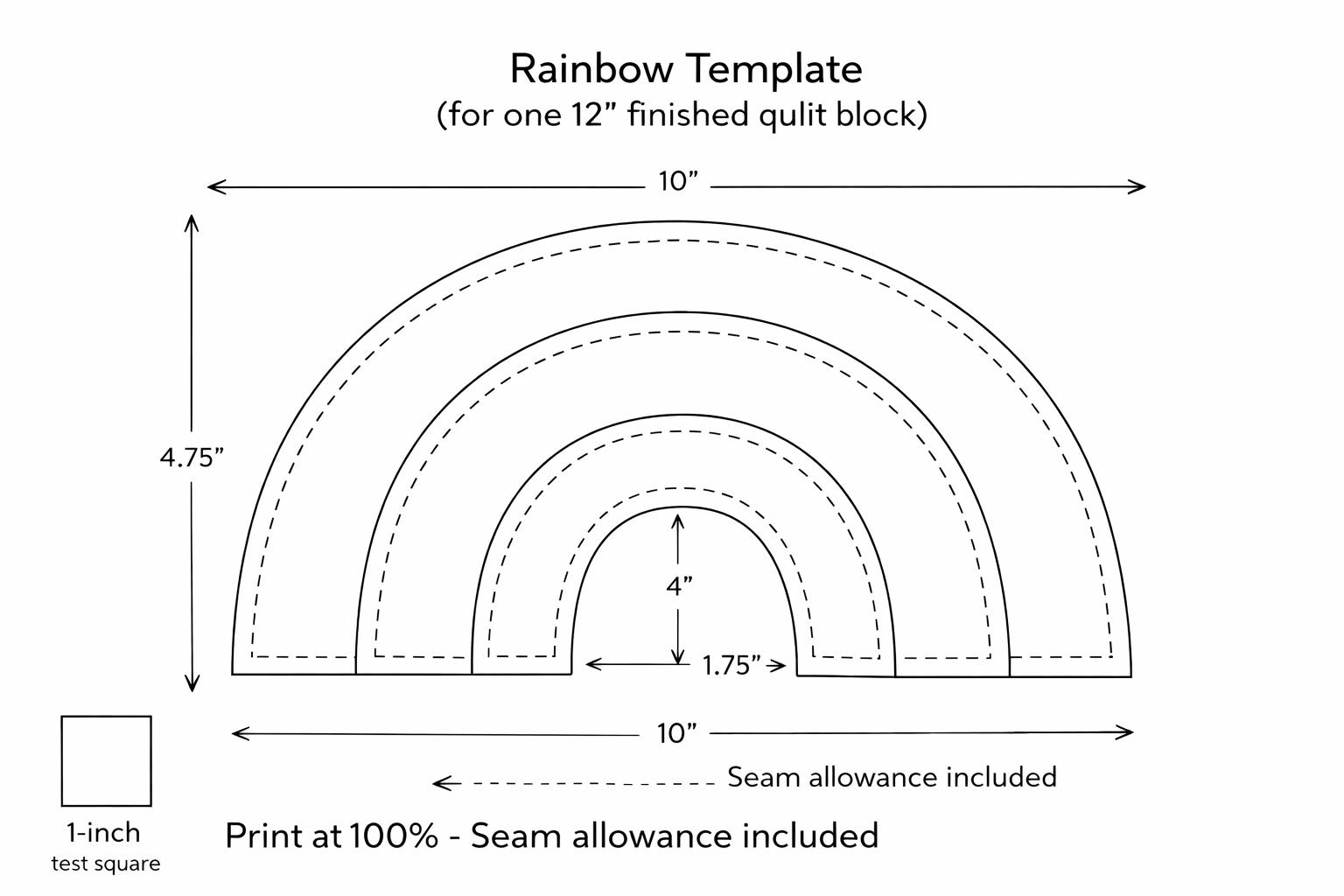 Printable 12 inch rainbow appliqué template with seam allowance included for modern rainbow crib quilt pattern 36 x 45 finished size