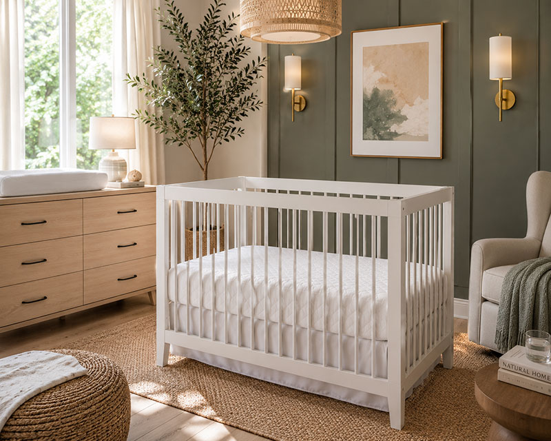 Modern nursery during hot weather with crib and simple sleep setup