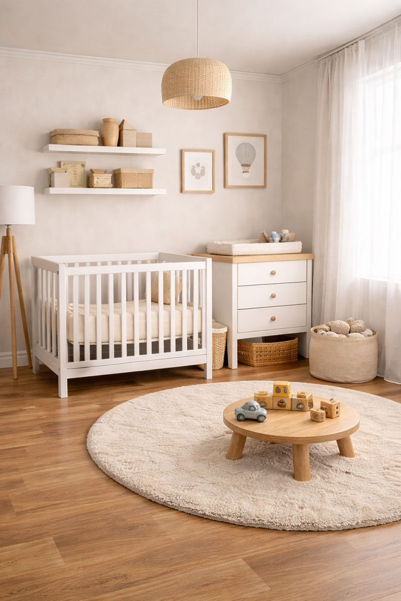 modern compact crib in a small nursery with simple storage and clean decor