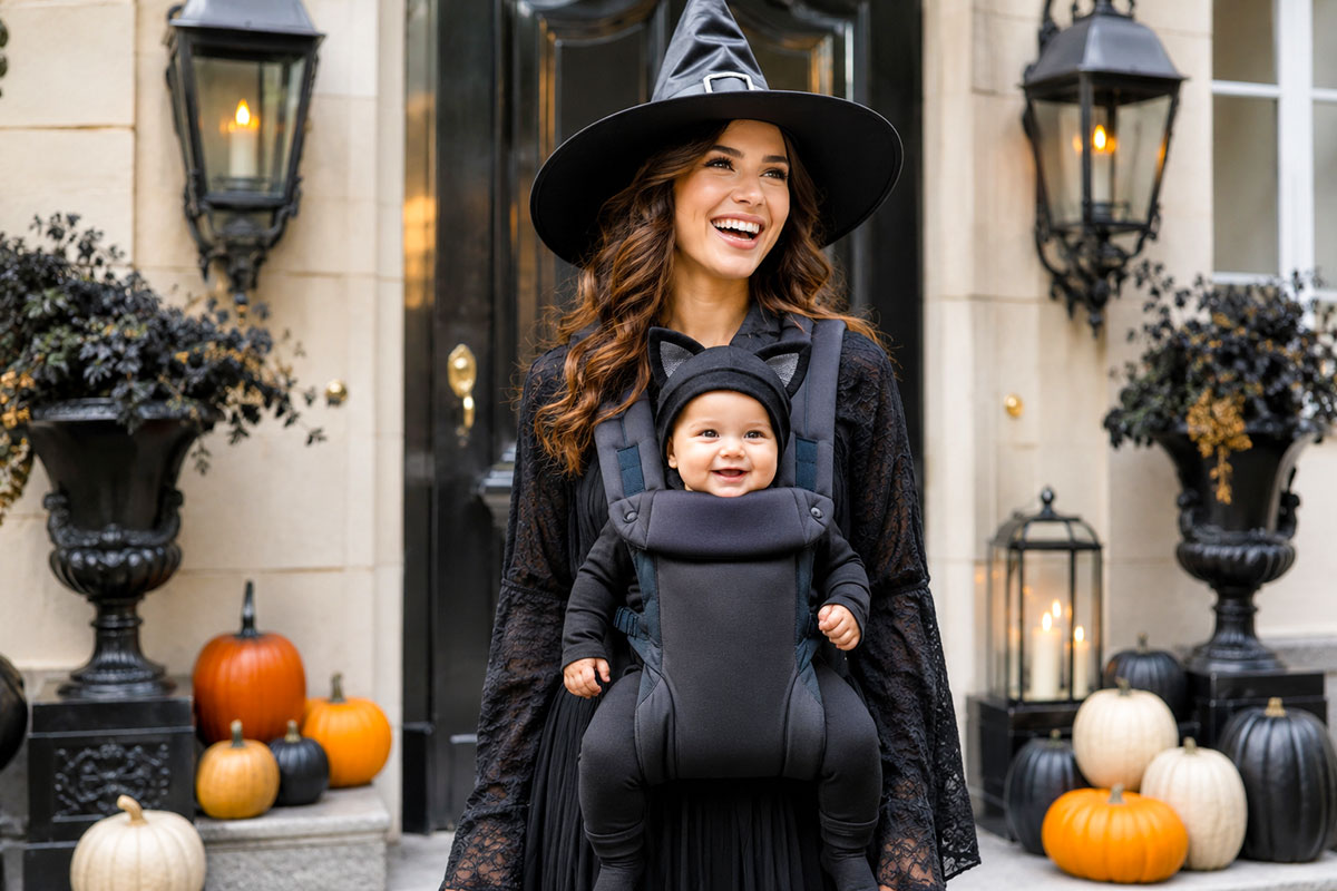 Mother wearing a witch Halloween costume while carrying a baby dressed as a little black cat in a front baby carrier