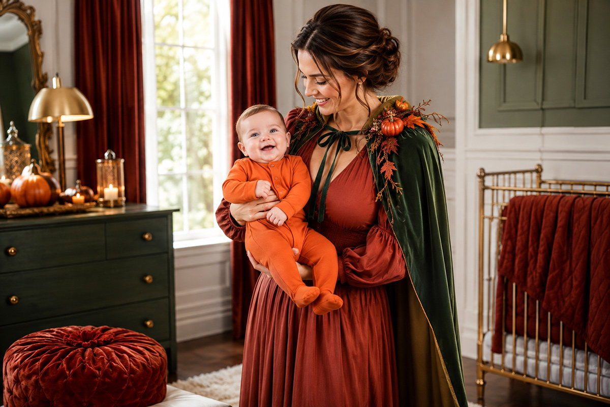 Mom and baby wearing coordinated Halloween costumes with the baby in a simple comfortable outfit and mom providing the recognizable costume details