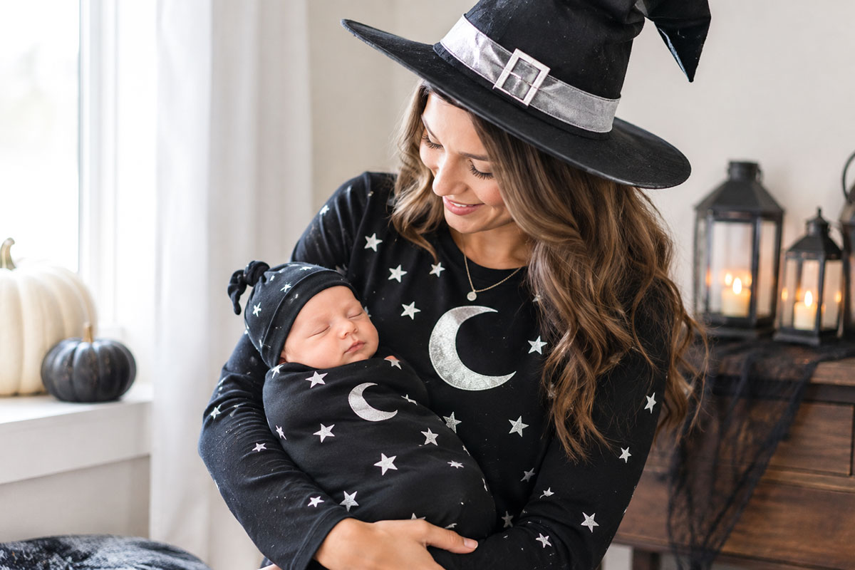 Mother holding a newborn in a simple orange sleeper for a pumpkin and harvest Halloween costume pairing while mom wears coordinated rust and green clothing