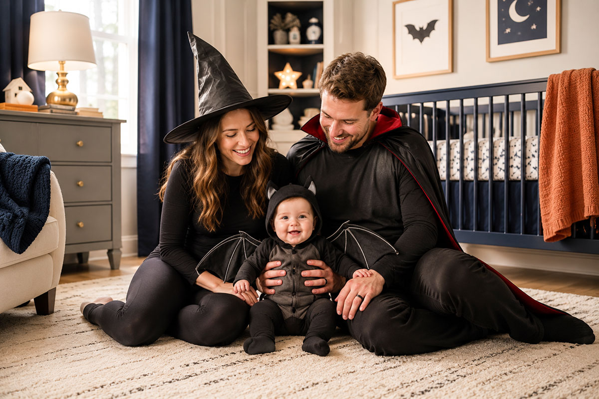 Mom dressed as a witch and dad dressed as a vampire with their baby wearing a simple black bat Halloween costume