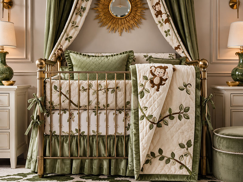 Monkey baby nursery bedding in soft green, tan, and cream with playful jungle details
