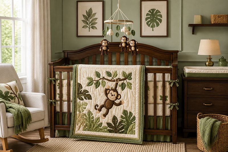 Luxury monkey crib bedding set with coordinating jungle nursery décor and crochet monkey baby mobile in a designer nursery