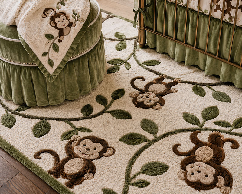 Monkey nursery with woven baskets, a soft rug, cotton curtains, and warm natural textures