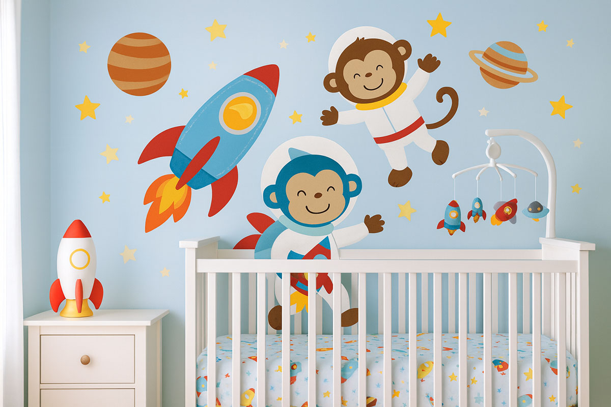 Monkeys in outer space baby nursery decor rocket and planets crib bedding set 