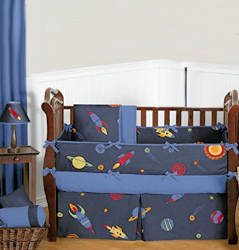 Ideas for decorating an aliens and monsters from outer space nursery room theme with baby crib bedding wall stickers and decorations