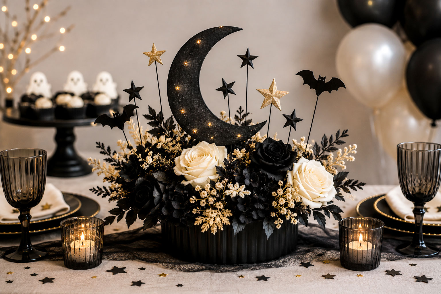 Moon and stars Halloween baby shower centerpiece with black crescent moon, black and gold stars, ivory and black flowers and small bat accents