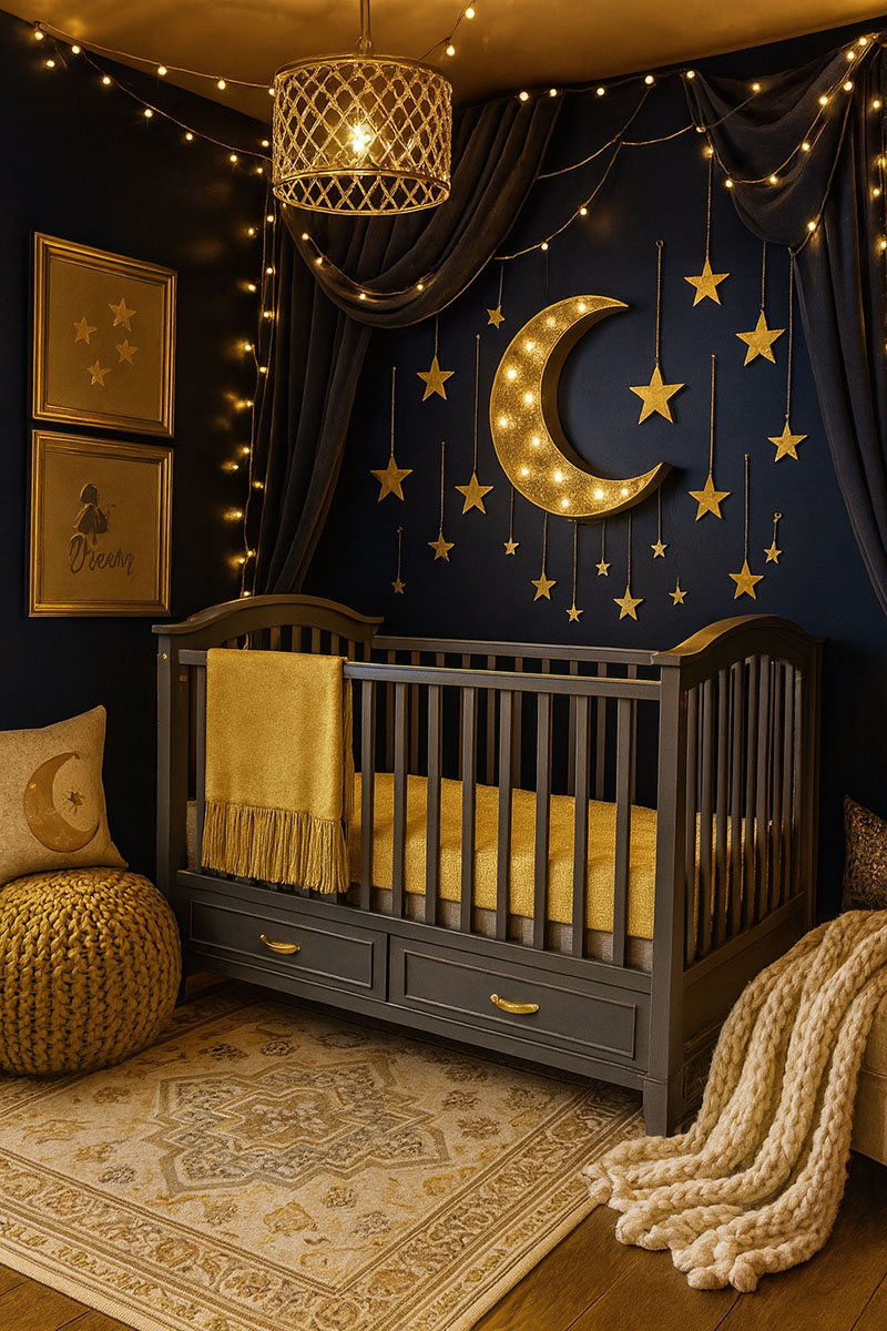Navy blue and gold moon and stars nursery with a glowing crescent moon above a crib