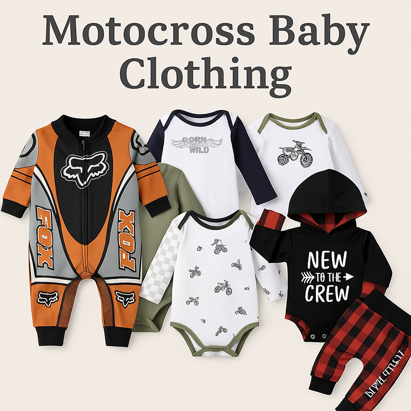 Motocross baby clothing collage with race suit, dirt bike onesies, plaid outfit, boots and motocross blanket