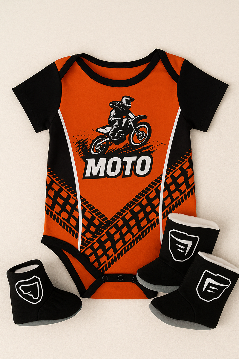 Motocross baby outfit in orange and black with dirt bike graphic