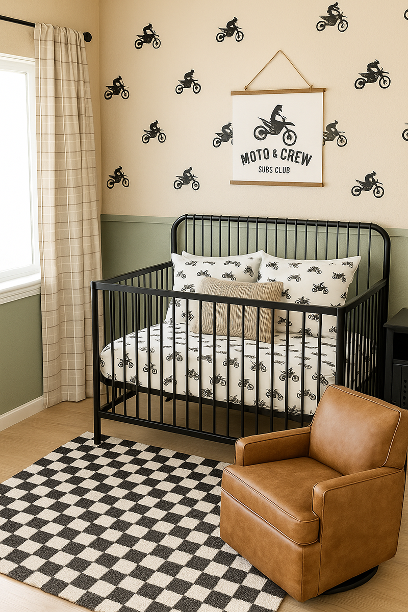 Motocross nursery with black crib, checkered rug, motocross wall decals and brown nursery chair