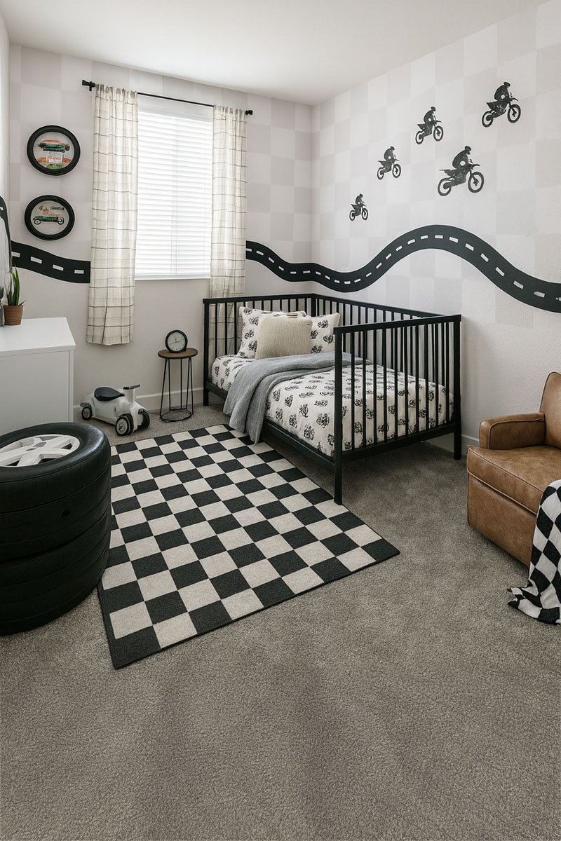 Motocross nursery with black crib, plaid curtains, dirt bike wall decals and cozy nursery chair