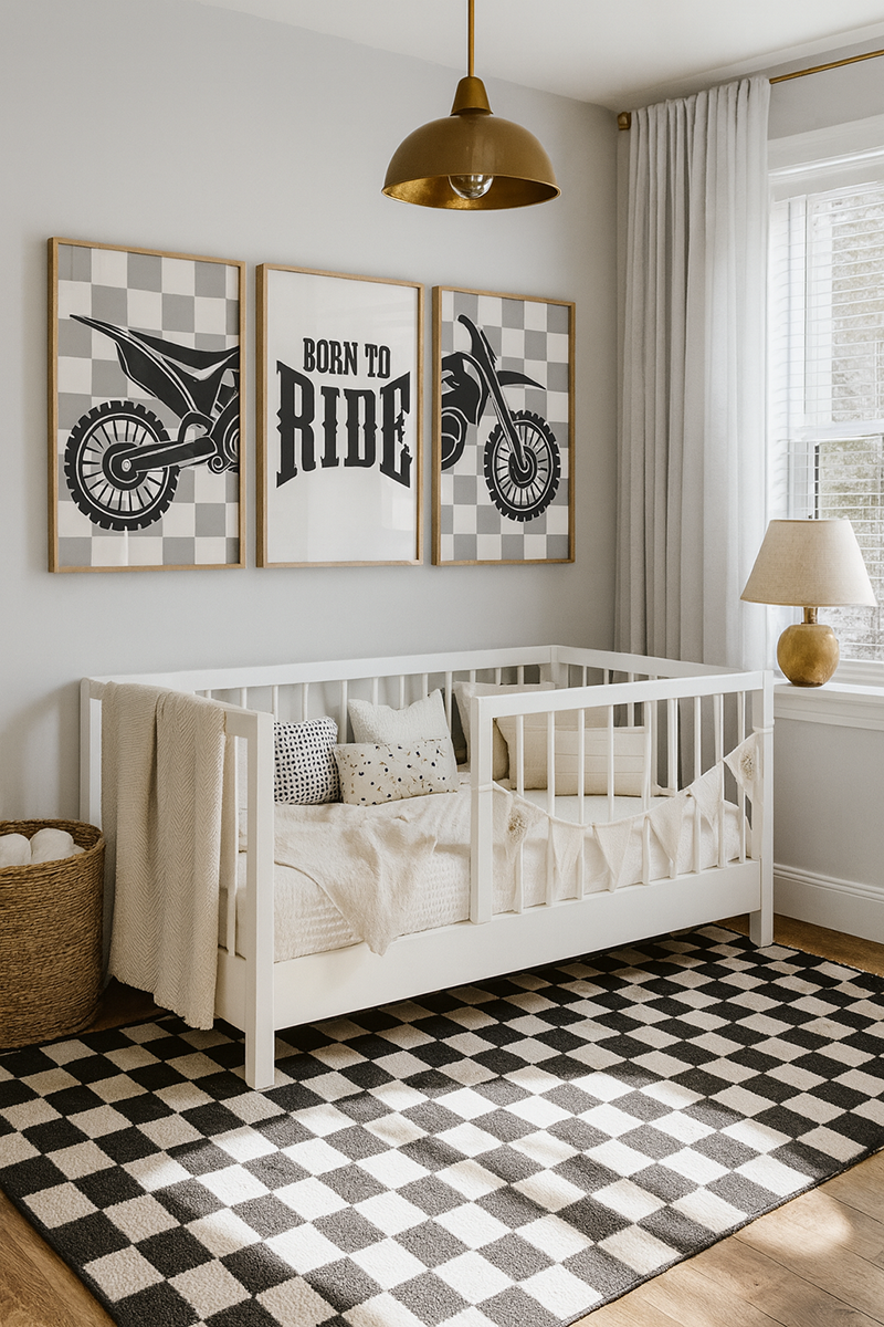 Motocross nursery with brass pendant light, white crib, checkered rug and dirt bike wall art