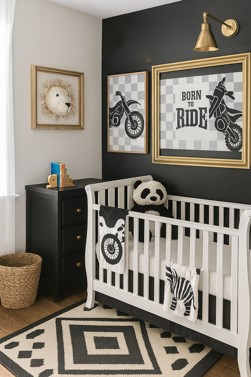 Motocross nursery with brass light fixtures, framed dirt bike art, white crib and geometric rug