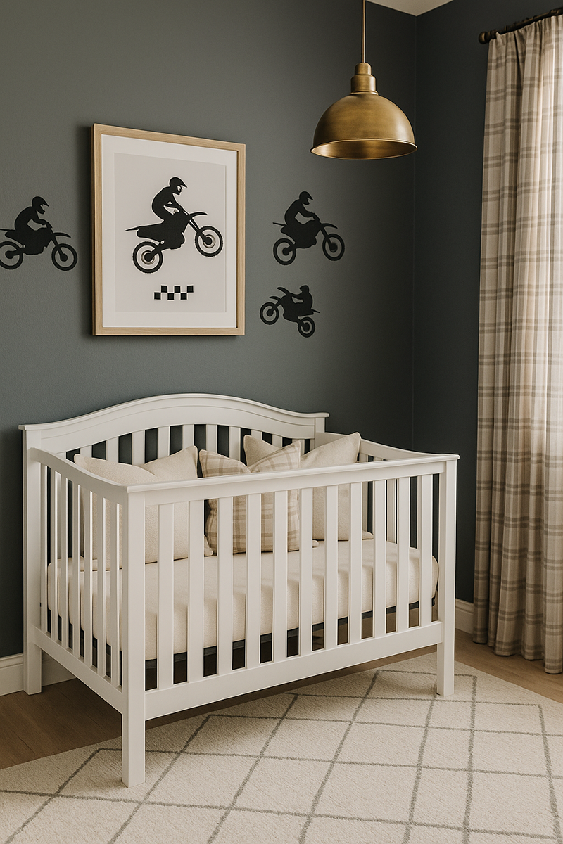 Soft motocross nursery with white crib, plaid pillows, brass pendant light and minimal dirt bike decals