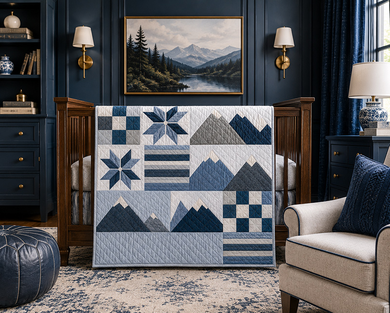 Mountain patchwork crib quilt folded across modern nursery crib