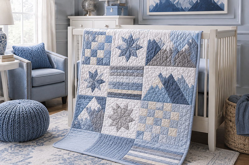 Mountain patchwork crib quilt pattern with snowy mountain quilt blocks in blue and white nursery colors