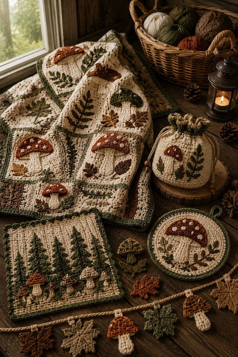 Mushroom and forest nursery patterns with woodland leaves, trees, acorns, and handmade nursery decor inspiration