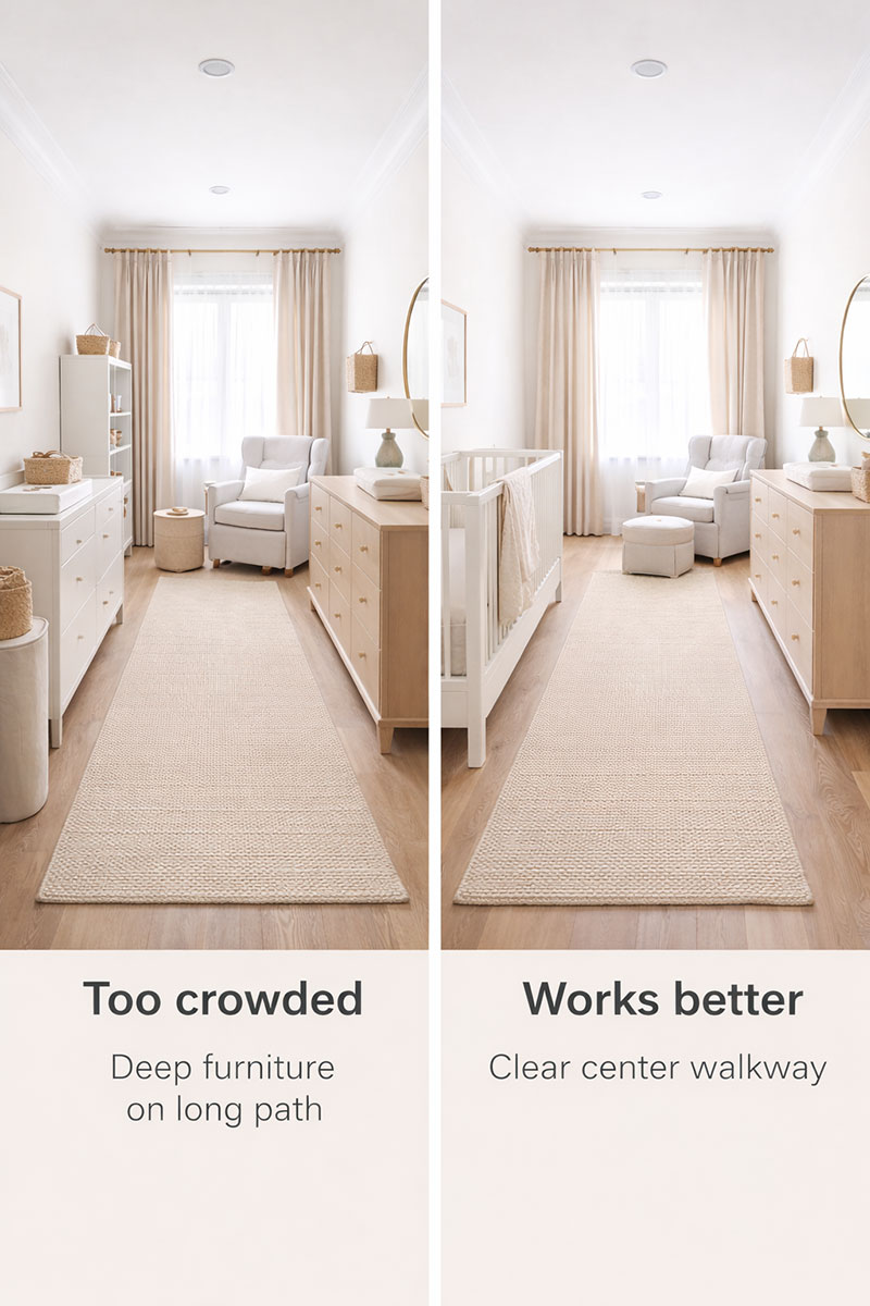 Comparison of a crowded narrow nursery walkway versus a streamlined layout with open center space