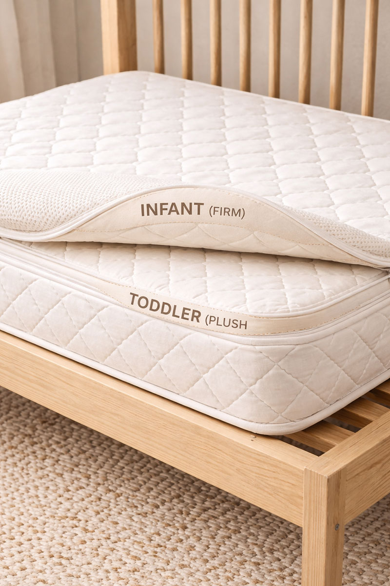 Two stage crib mattress showing infant side and toddler side structure
