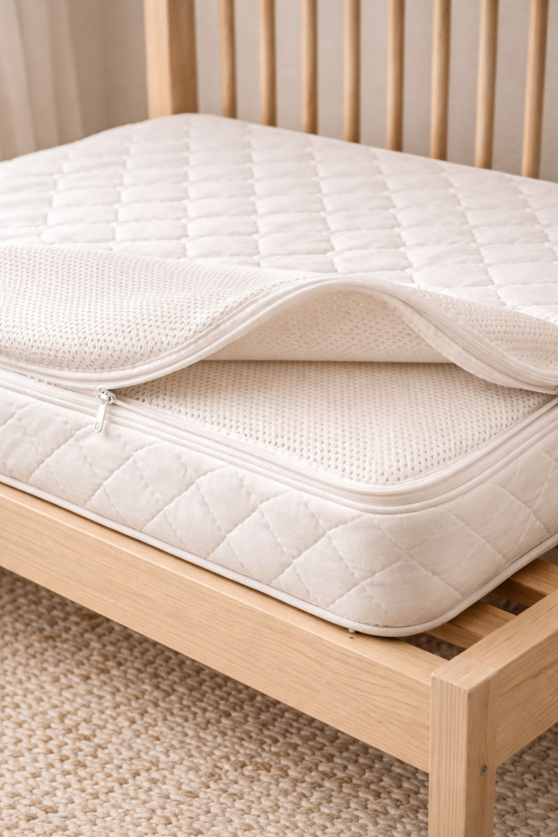 Breathable crib mattress with removable washable cover in neutral nursery setting