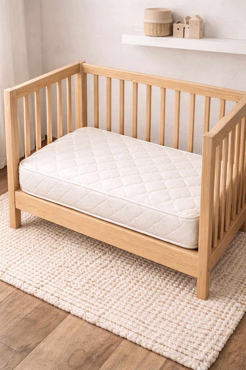 Mini crib mattress fitted tightly inside compact wooden mini crib