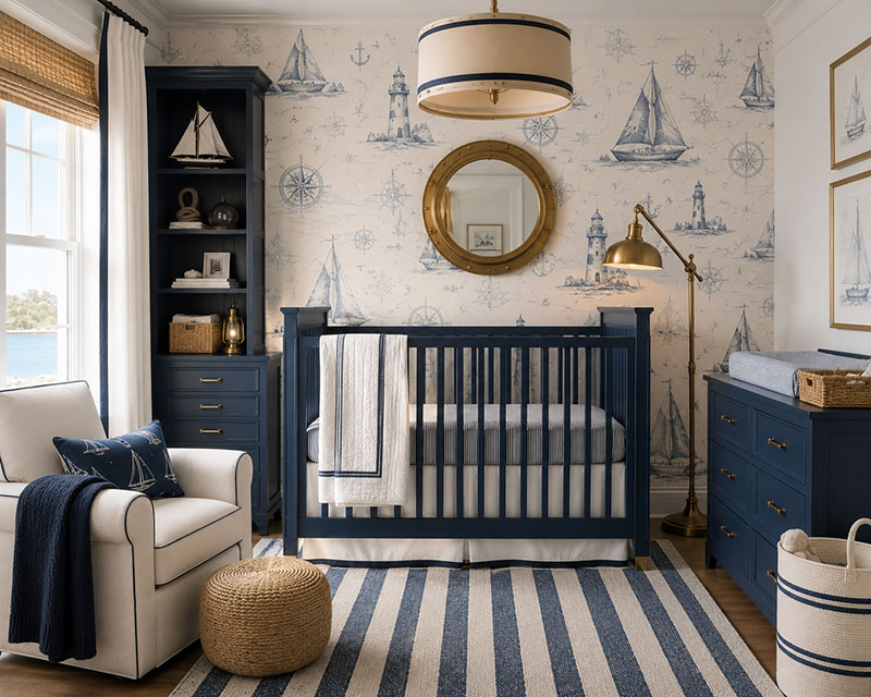 nautical coastal nursery wallpaper with simple ocean inspired room decor